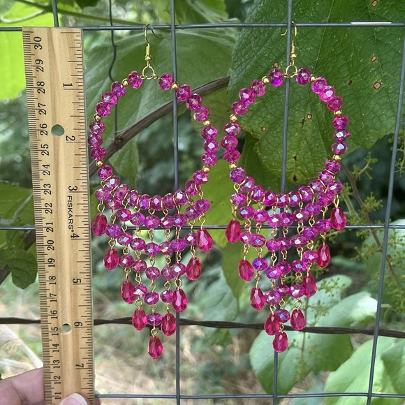 Handmade Large Fuchsia Crystal Beaded Drop Hoop Earrings Long Gypsy Earrings - Picture 4 of 6